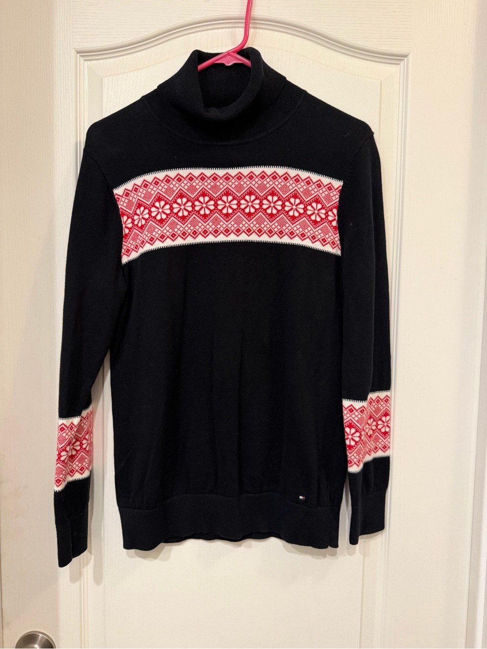 Tommy Hilfiger Stella Medium Black Fair Isle Turtleneck Cotton Sweater